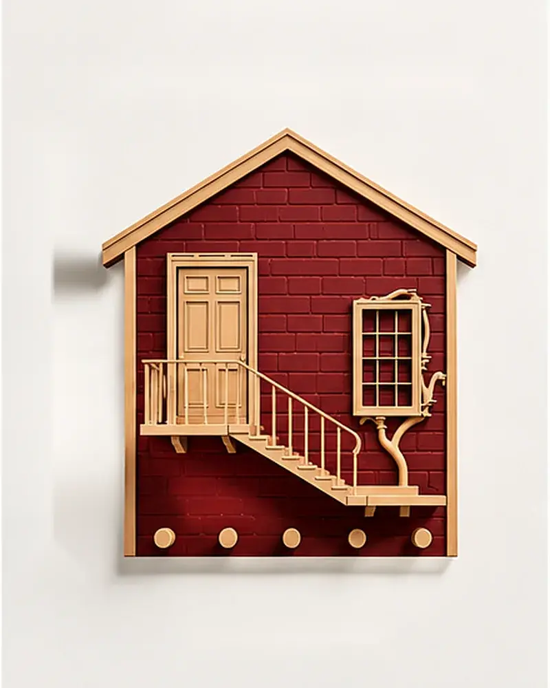 Red Brick House Key Holder, front view with door, window, staircase and five pegs