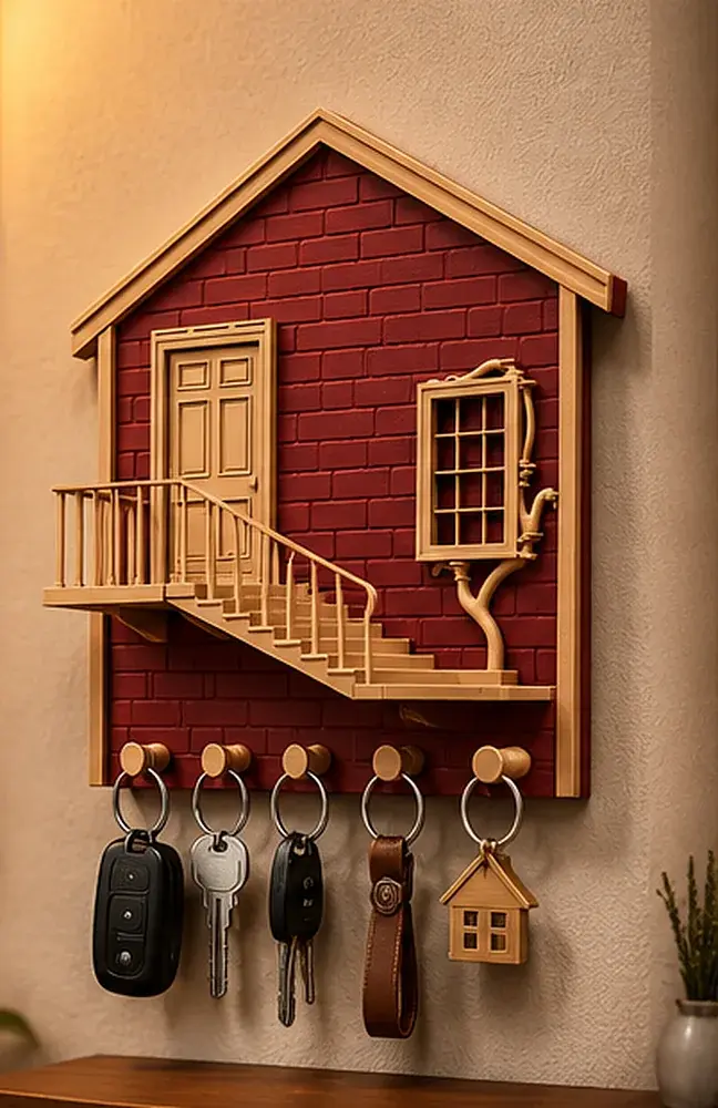 Red Brick House Key Holder on a wall holding keys